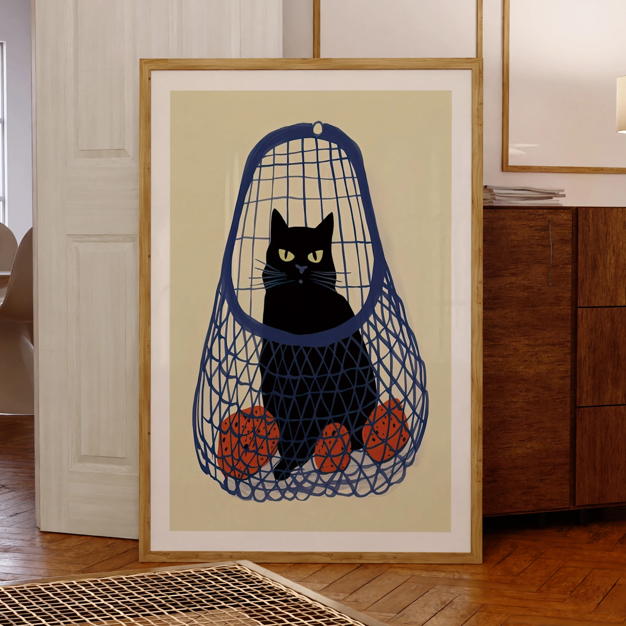 Schwarze Katze in einer blauen Tasche mit Orangen, Wandkunstdrucke, Leinwandgemälde, Poster, Bild für Wohnzimmer, Heimdekoration