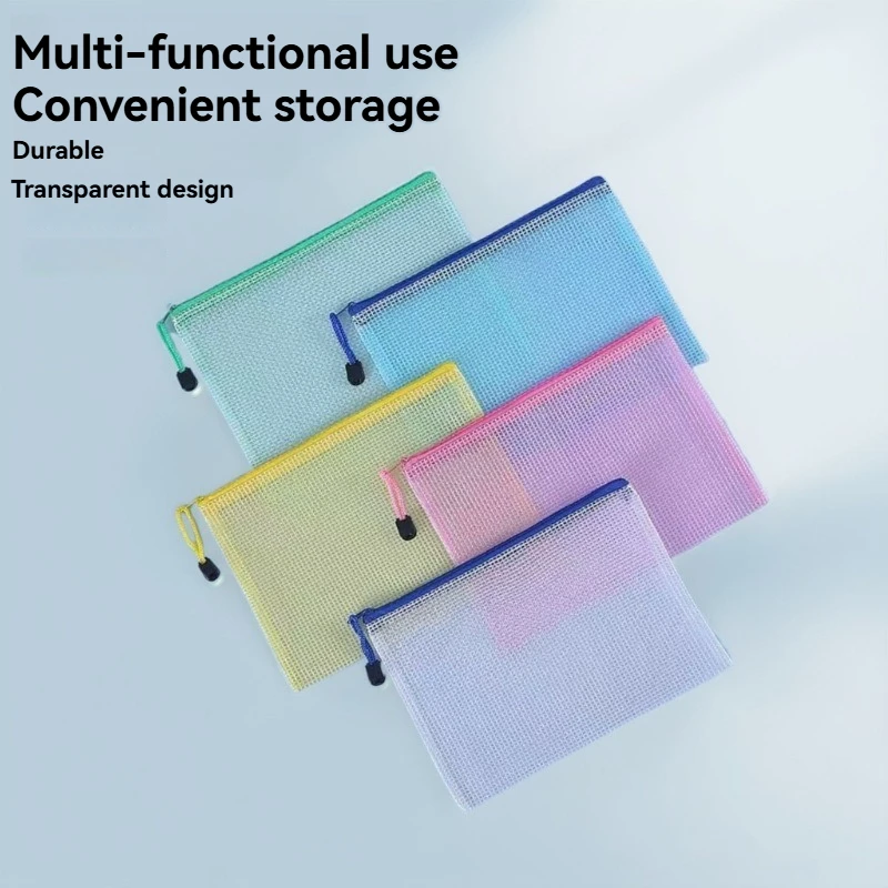 5PCS Stationery Storage Folder File Mesh Zipper Pouch A4/A5/A6 Document Bag Zip File Folders School Office Supplies