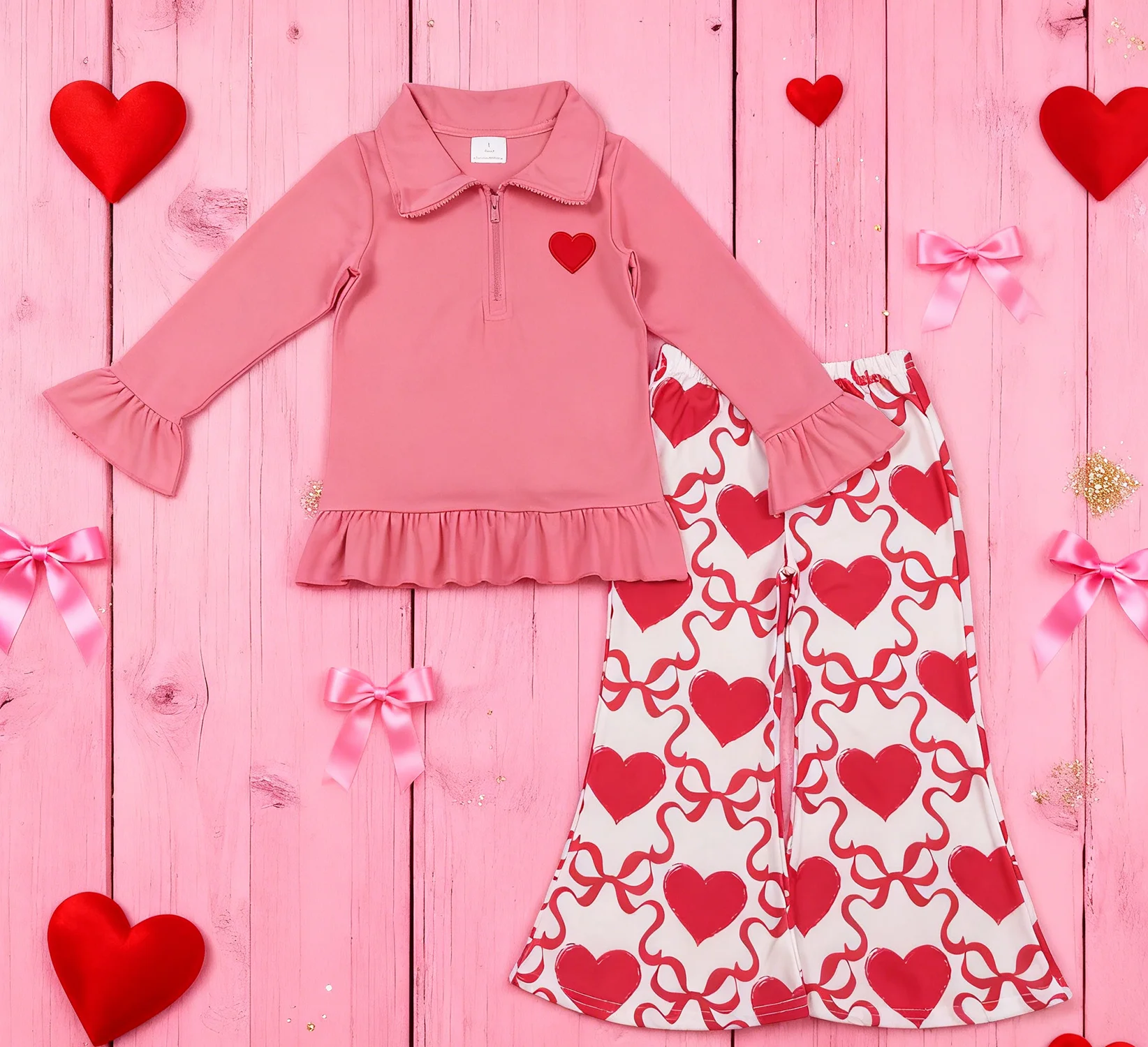 

Z1114-13 GT1271P0895 Kids Outfit Long Sleeve Top With Pants Set Children Boutique Valentine's Day Clothes