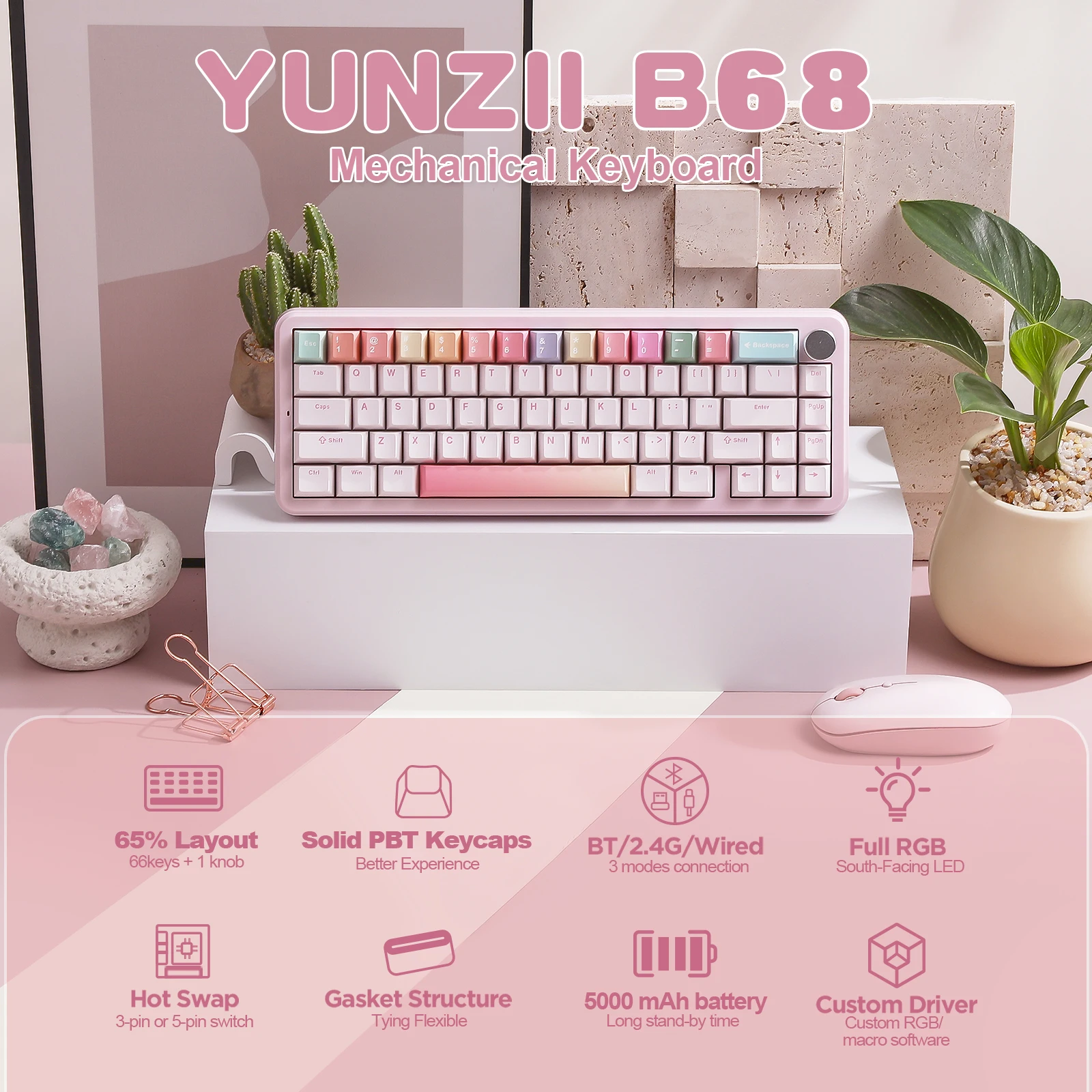 YUNZII B68 Pink Wireless Mechanical Gaming Keyboard, Tri-Mode Hot Swappable Cute Gasket Mounted Creamy Keyboard for Win/Mac,