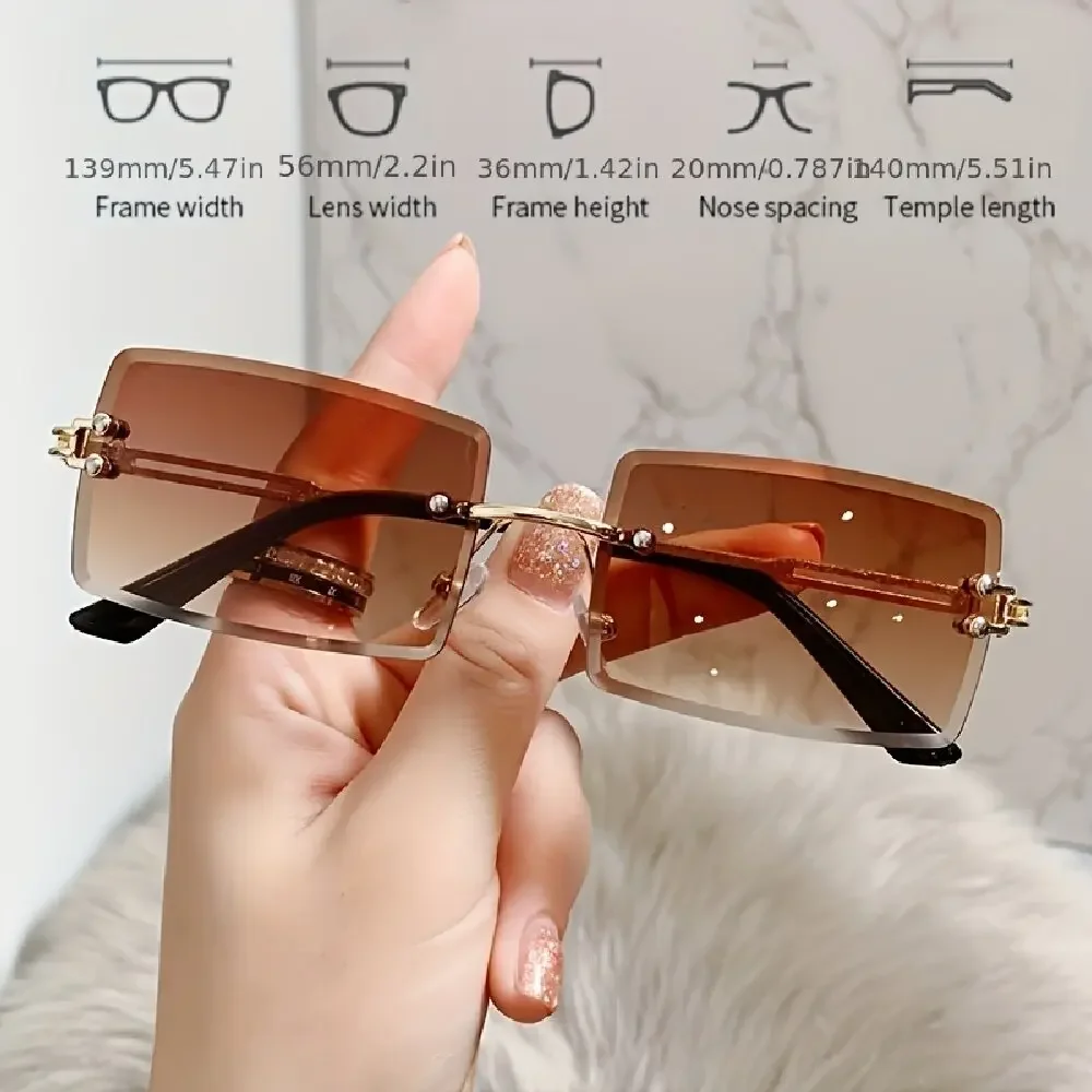 3PCS Fashion Rimless Sunglasses Women Trendy Small Rectangle Sun Glasses  Summer Traveling Style Brown Shades for men