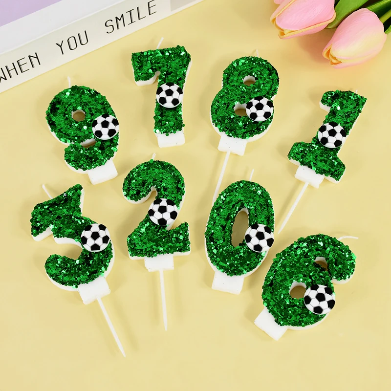 

1pc Sparkling Numbers 0-9 Green 3D Football Candle DIY Children's Birthday Football Party Anniversary Cake Decoration Gift