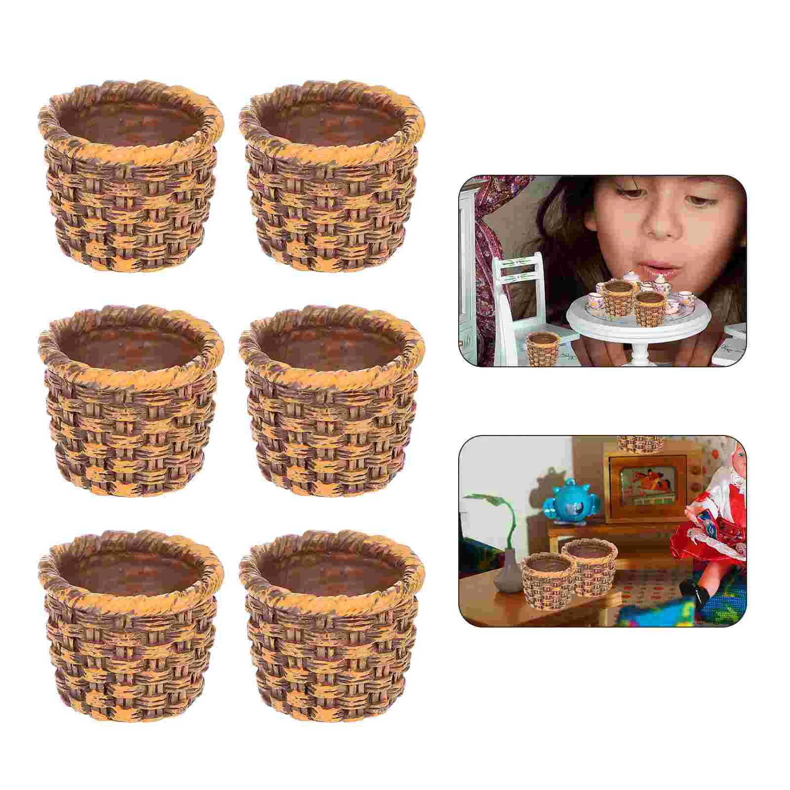 

6 Pcs House Cane Basket Mini Decoration Picnic Small Baskets Storage Holders Miniature Landscape Resin Simulation
