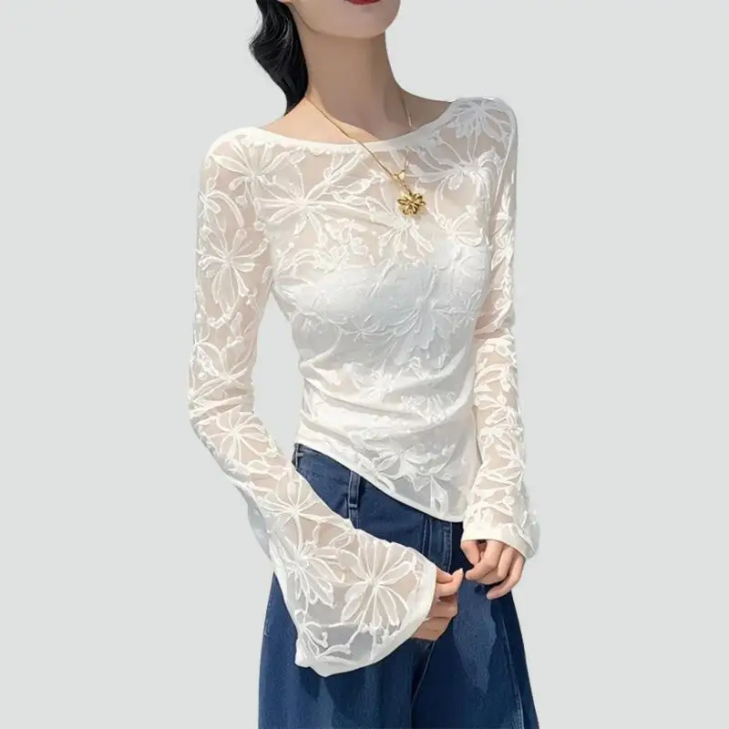 Spring Autumn New Women Clothing Korean Edition Fashion Versatile Bamboo Leaf Jacquard Irregular Long Sleeve Bottom Shirt Tops