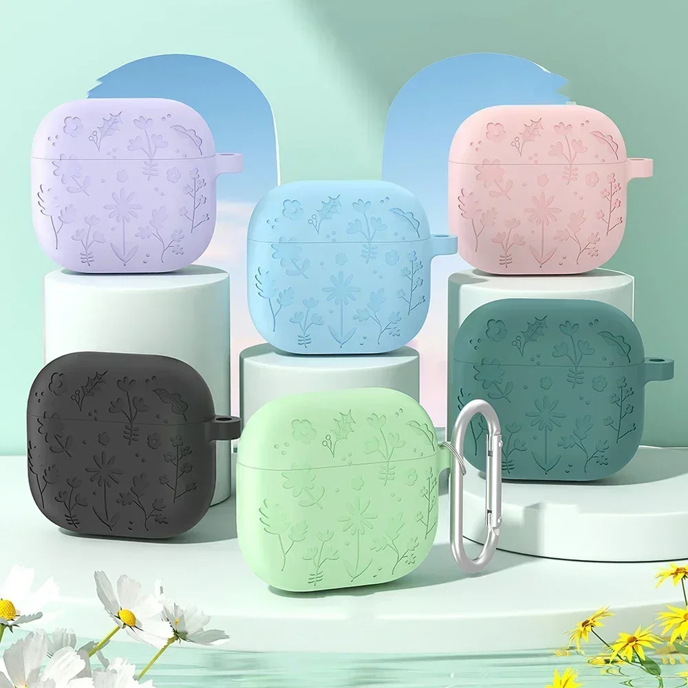 Earphone Case for Airpods 4 Flower Pattern Silicone Shockproof Cover for Apple Airpods4 2024 Cases with Keychain Accessories