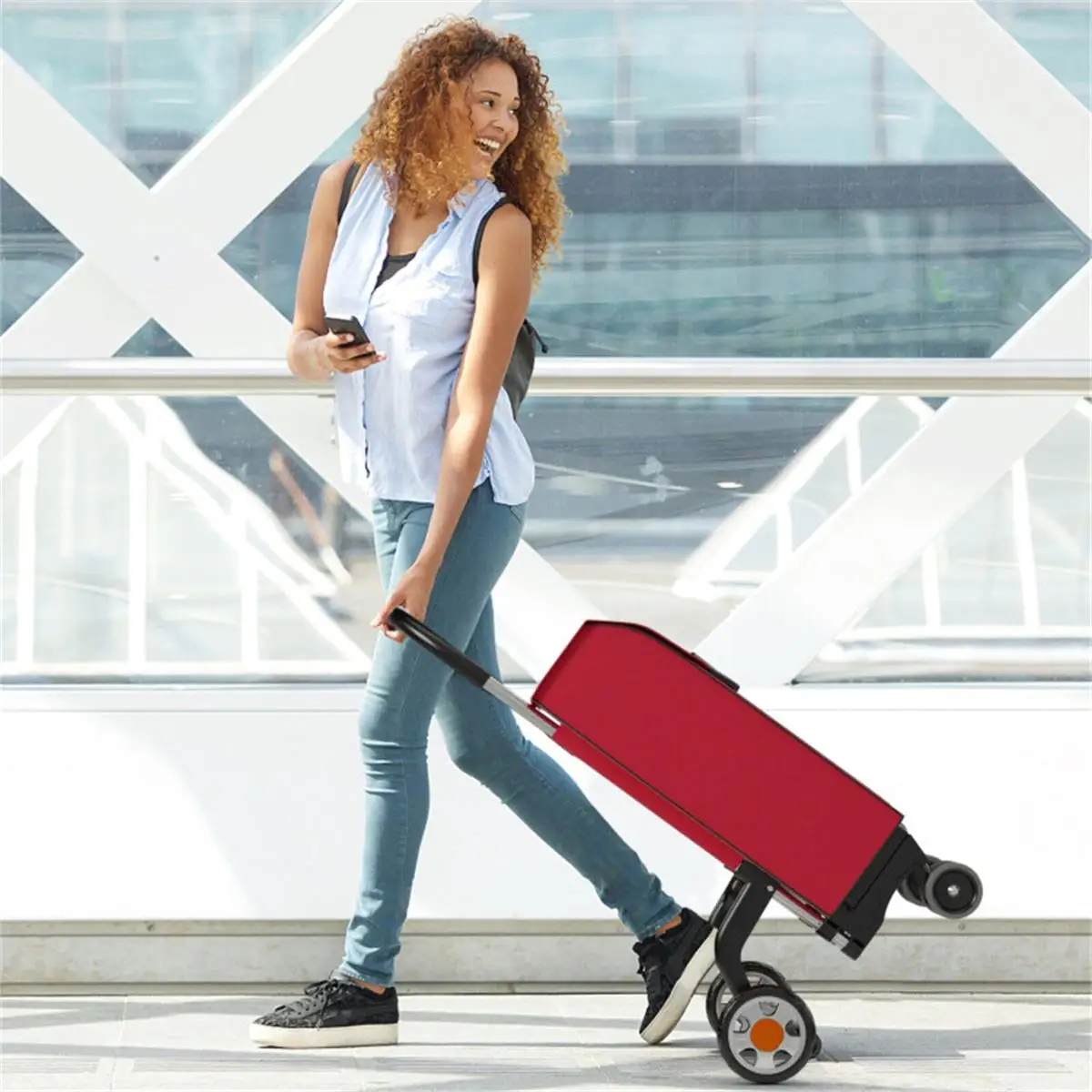 Compact Red Folding Shopping Cart - Lightweight, Portable Trolley for Easy Grocery & Essentials Transport