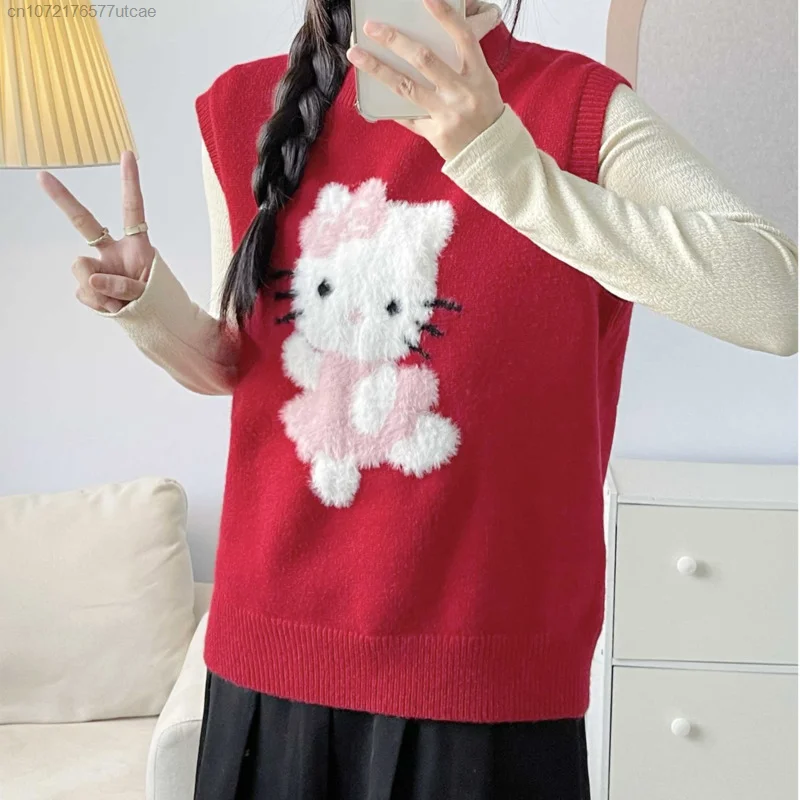 Sanrio Hello Kitty Red Sleeveless Knitted Sweater Vest Women\'s Cute Cartoon Pattern Autumn Knitwear Shirt Vest Clothes