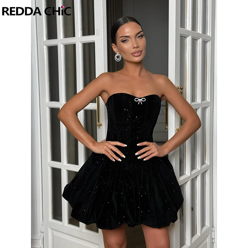 

ReddaChic Women's Velvet Glitter Bubble Dress Rhinestone Bow Corset Strapless Ruffle Puffy Tube Dress Prom Party Formal Clothes