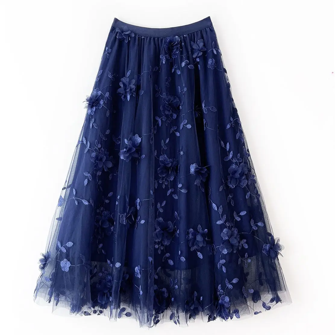 New in A-Line High Waist Fashion 3D Flower Tulle Skirt Women Spring Summer Solid Color Chic Elegant Mesh Party Long Skirt