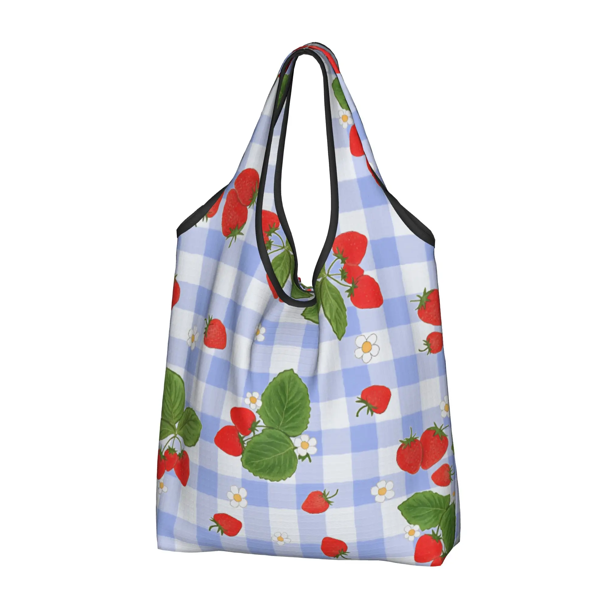 Cute Strawberries on Light Blue Check  Shopping Tote Bag Portable  Grocery Shoulder Shopper Bag
