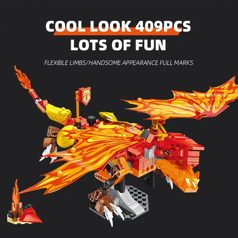 409PCS Red Dragon Building Blocks Prehistoric Fire Breathing Dragon Model Bricks Boys Display Toys Children's Christmas Gifts