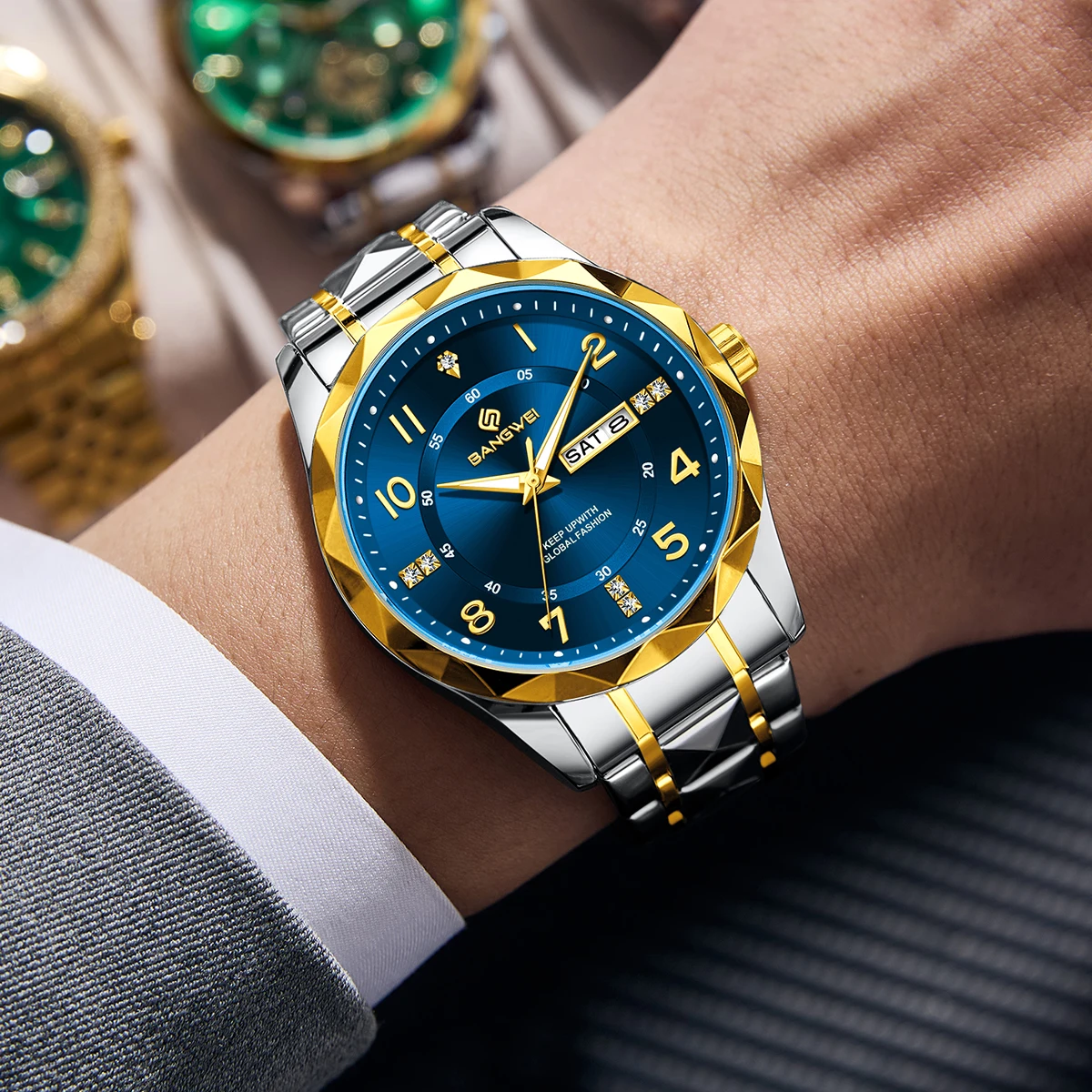 BangWei Top Brand Luxury Man Wristwatch Waterproof Luminous Date Week Men Watches Stainless Steel Quartz Men's Watch Male reloj