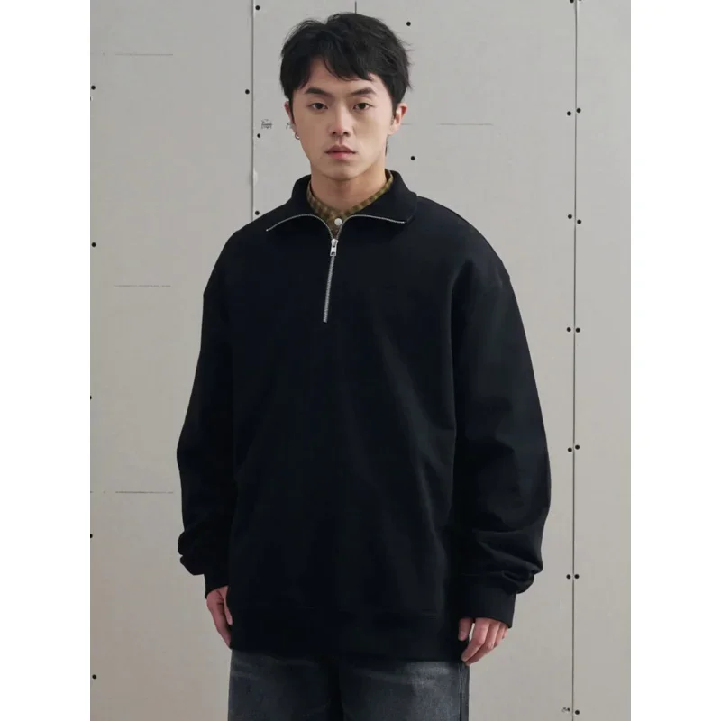 Retro half-open collar threaded Japanese sweatshirt long-sleeved bottoming shirt three-needle five-thread lapel