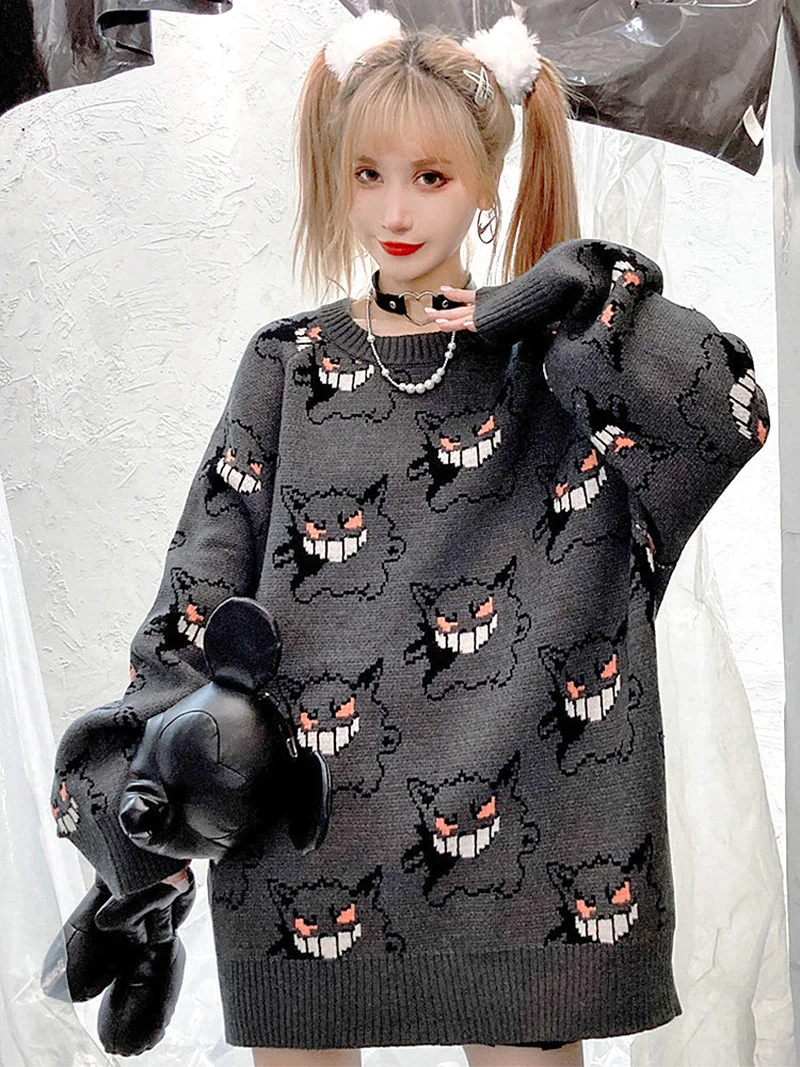 2023 New Gengar Sweater Anime Pokemon Women Harajuku Pattern Pullover Loose Korean Style Autumn Winter WarmKnitted JumperSweater