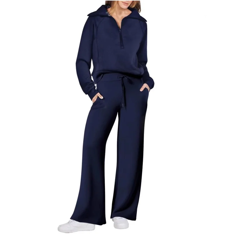 

Women's 2 Piece Outfits Casual Lapel Half Zip Sweatshirts And Wide Leg Pants Tracksuit Sets