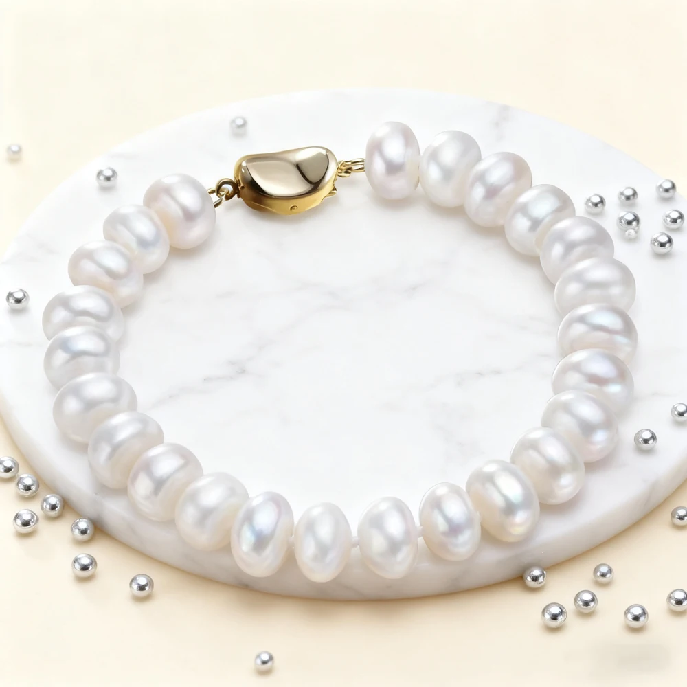 

YWYC 8-9mm Bread Round Freshwater Pearl Bracelets 925 Sterling Silver Gold Color Clasp Bracelets for Women Jewelry Gift