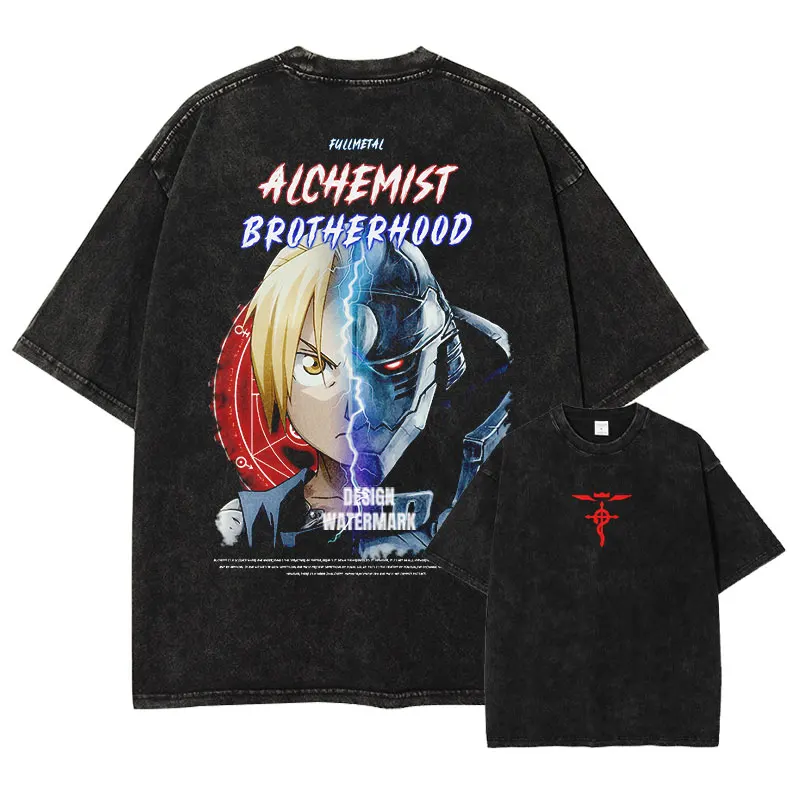 

Anime F-Fullmetal A-Alchemist T-shirt Manga Vintage Washed Elric Edward T Shirts Oversized Mustang Roy Alphonse Tops Tees Man