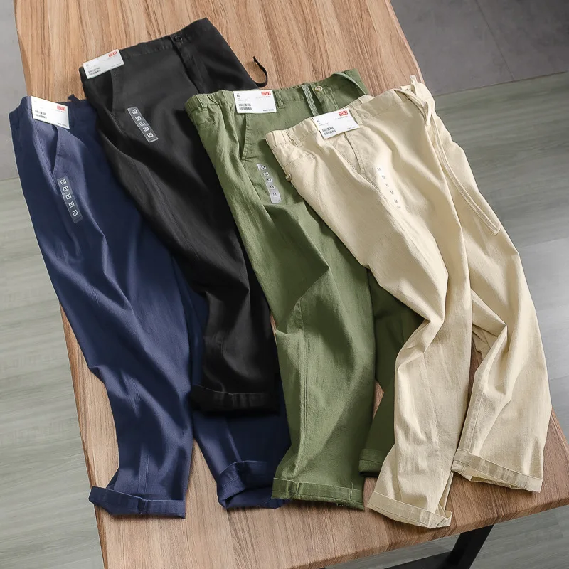 سراويل كاجوال للرجال بخصر رفيع يسمح بمرور الهواء للصيف من القطن والكتان سراويل للسفر والترفيه بسيطة ومتعددة الاستخدامات