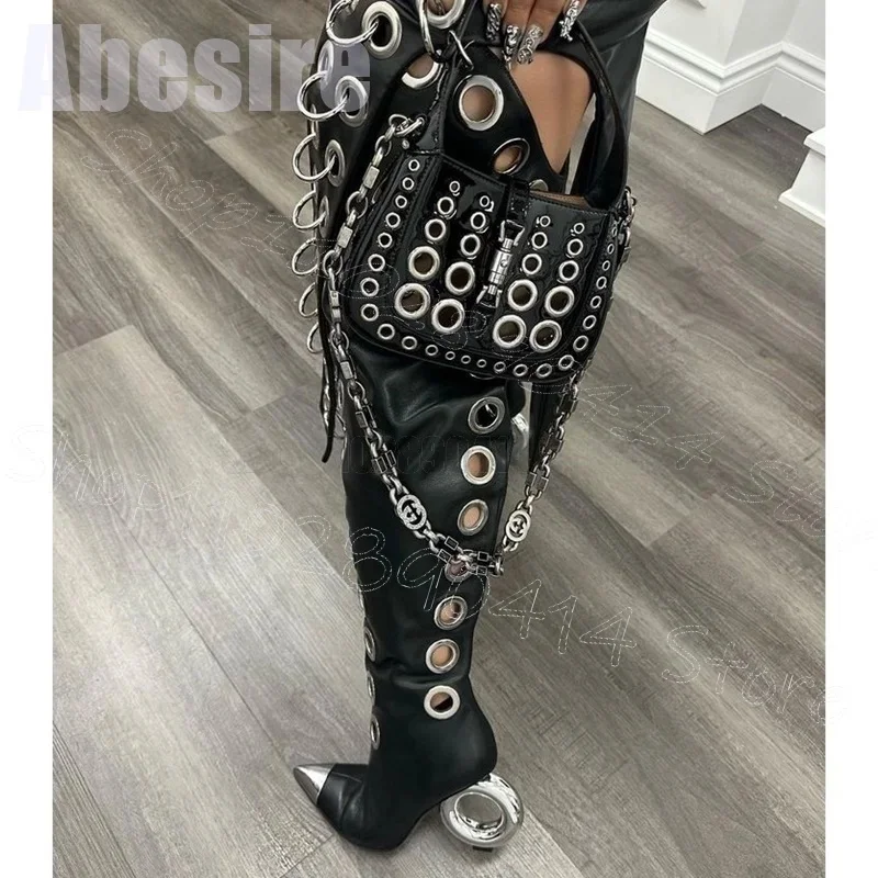 

Metal Circle Hollow Design Strange Style Heels Boots Side Zipper Women Shoes Pointed Toe Party Runway 2025 Zapatos Para Mujere