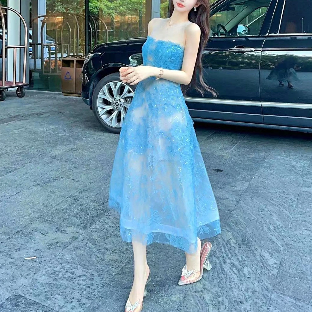 20234 Blue Lace Dress Women Vintage Slash Neck Elegance Evening Dresses Female Bing Flower Mesh Vestido Party Luxury Design