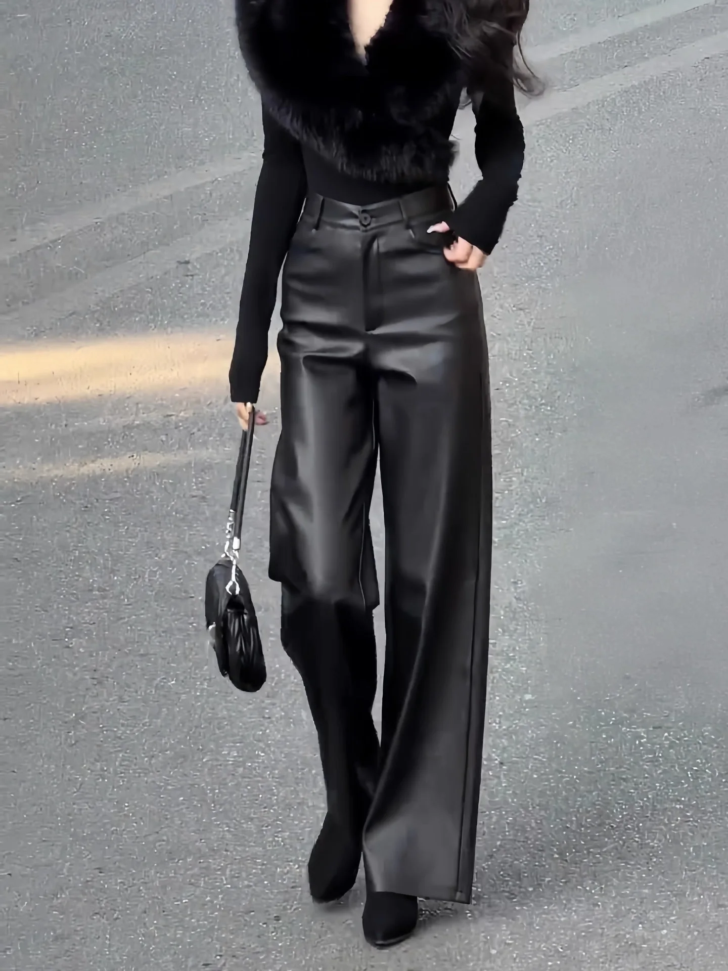 

Женские кожаные брюки с высокой талией и широкими штанинами, черные, зимние, модные, трендовые, класса люкс, комфортные, повседневные