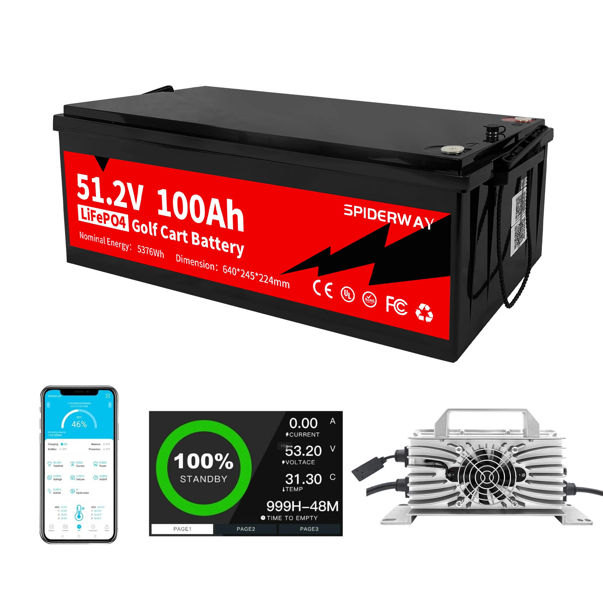 

48V(51.2V) 100Ah LiFePO4 Lithium Battery with Charger for Golf Cart Marine Solar