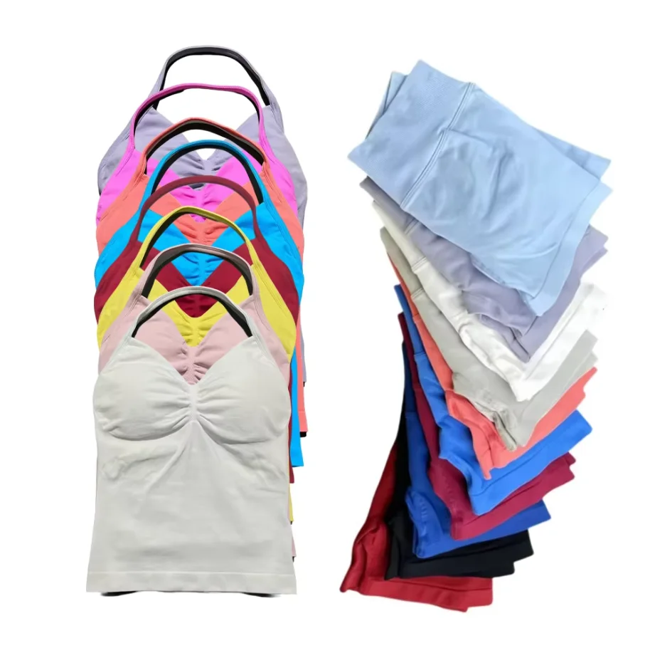 

New Women's Yoga Set Two-piece Seamless Impact Longline Lace-Up Tank Top Scratch Sports Shorts Gym Women's Summer Workout Wear