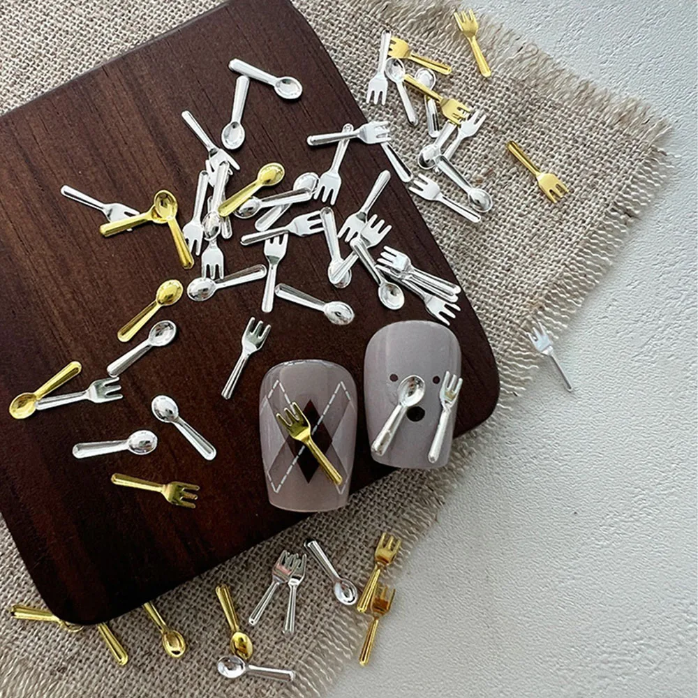 1 Bottle Mix Mini Metal Small Fork Spoon Nail Charms Gold Silver Nail Accessories Tableware Series Fork Nail Accessories Parts