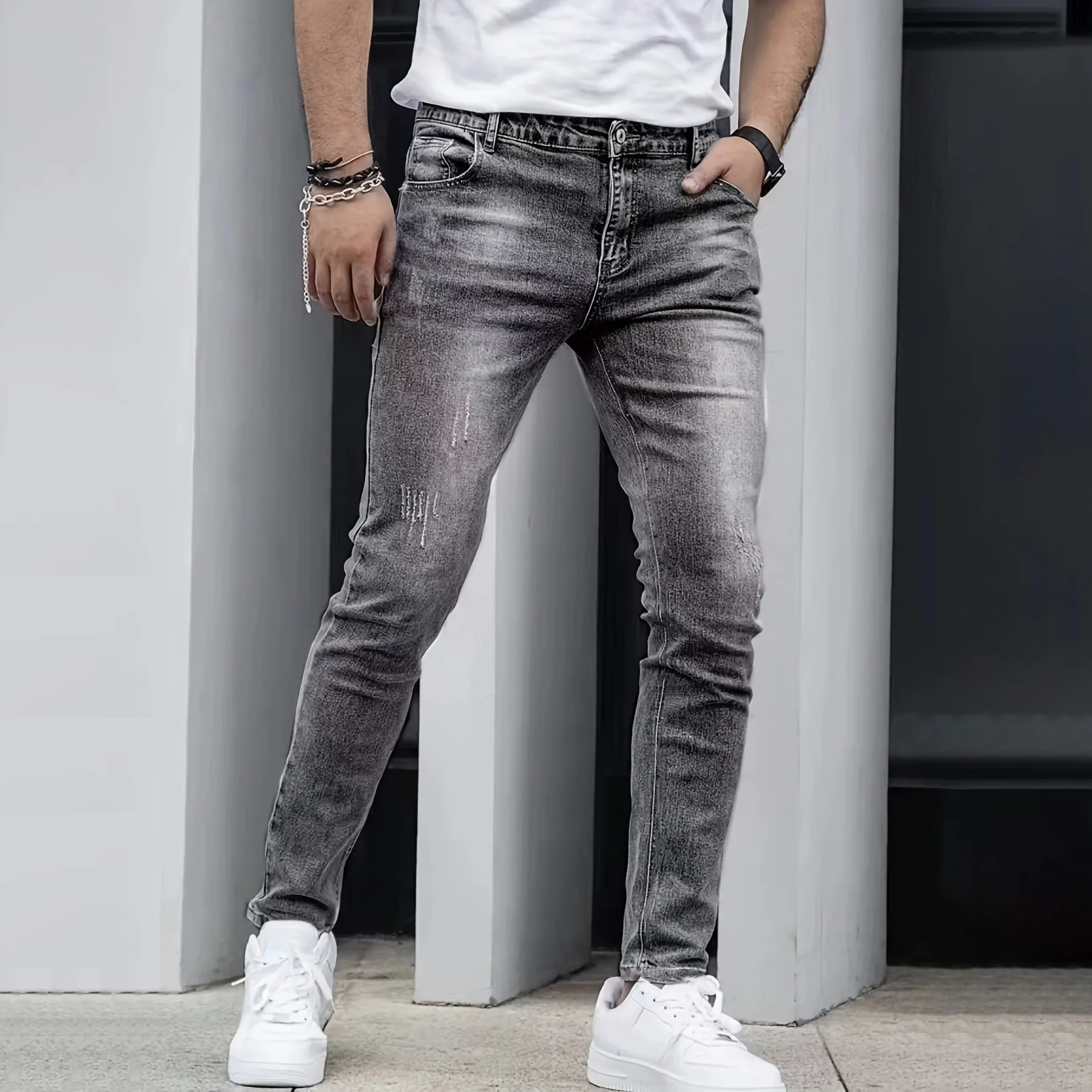 Men's Four-Season Snowflake Washed Fashion Jeans, Stretch Slim Fit Light Gray Dark Black Casual Denim Pants, Fashionable