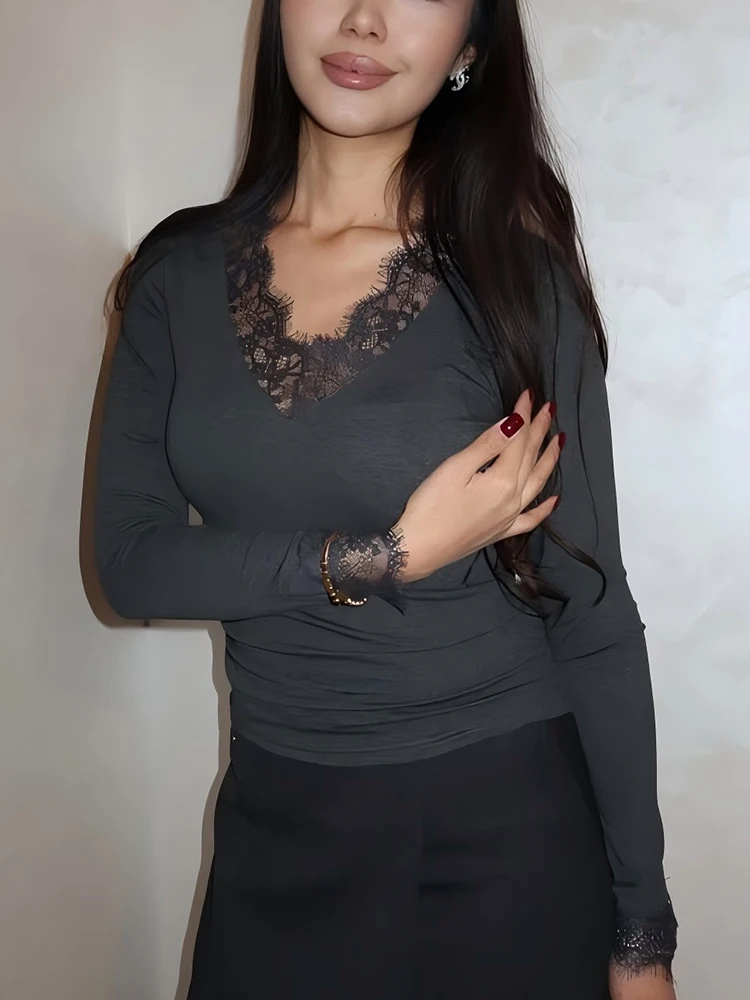 Oniflyme الدانتيل المرقعة مثير المرأة تي شيرت موضة بلون الخامس الرقبة طويلة الأكمام تمتد سليم المحملة القمم الخريف ملابس الشارع الشهير غير رسمية