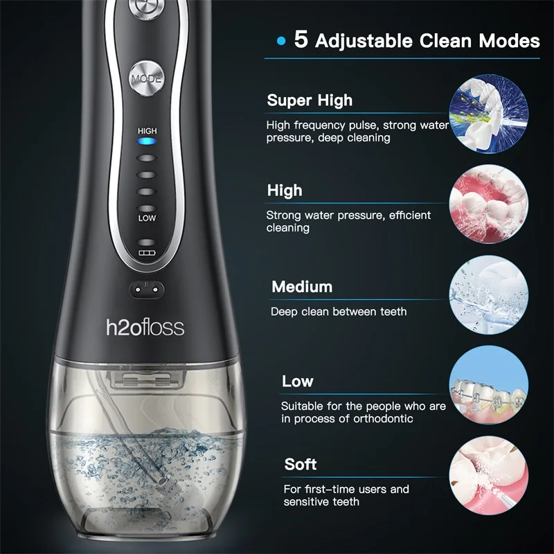 H2ofloss hf-6 dental cordless oral 5 nozzle tips irrigator portable electric water flosser for teeth cleaning  health