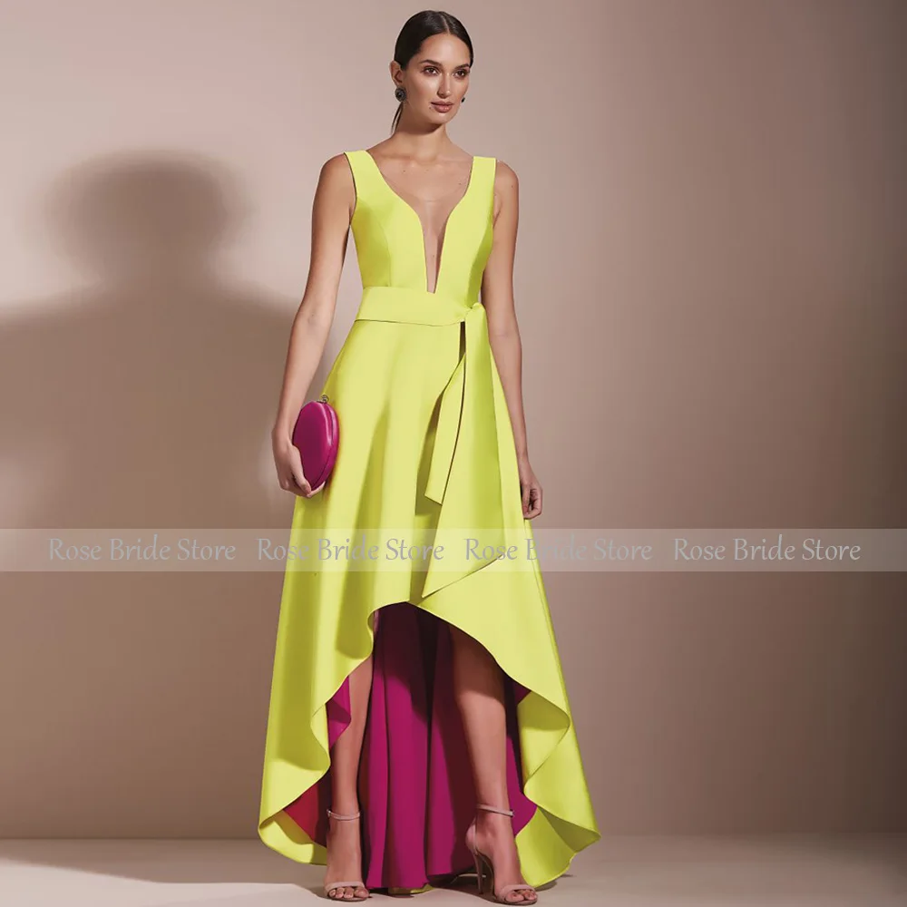 Formal Party Dress for Women Deep V Neck A Line Asymmetrical Evening  Long Sleeveless High-Low Color Contrast  Gowns