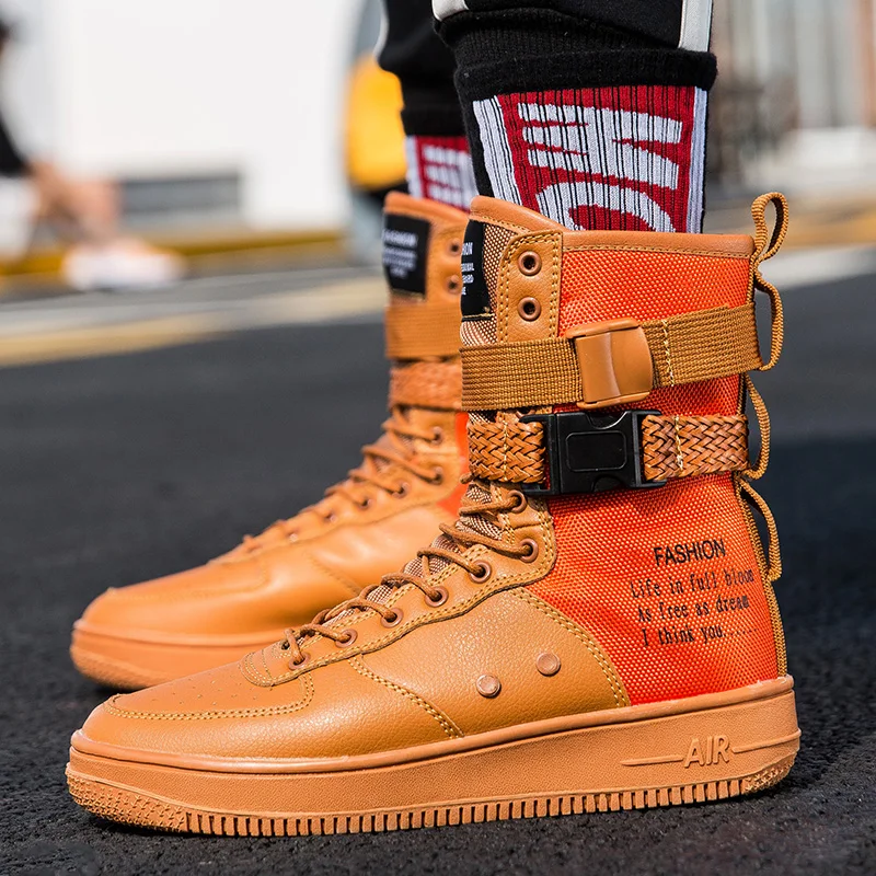 Punk Style Orange High Boots Couple Streetwear Buckle Strap Designers Shoes Men Casual Shoes Trend Platform Men High Top Sneaker