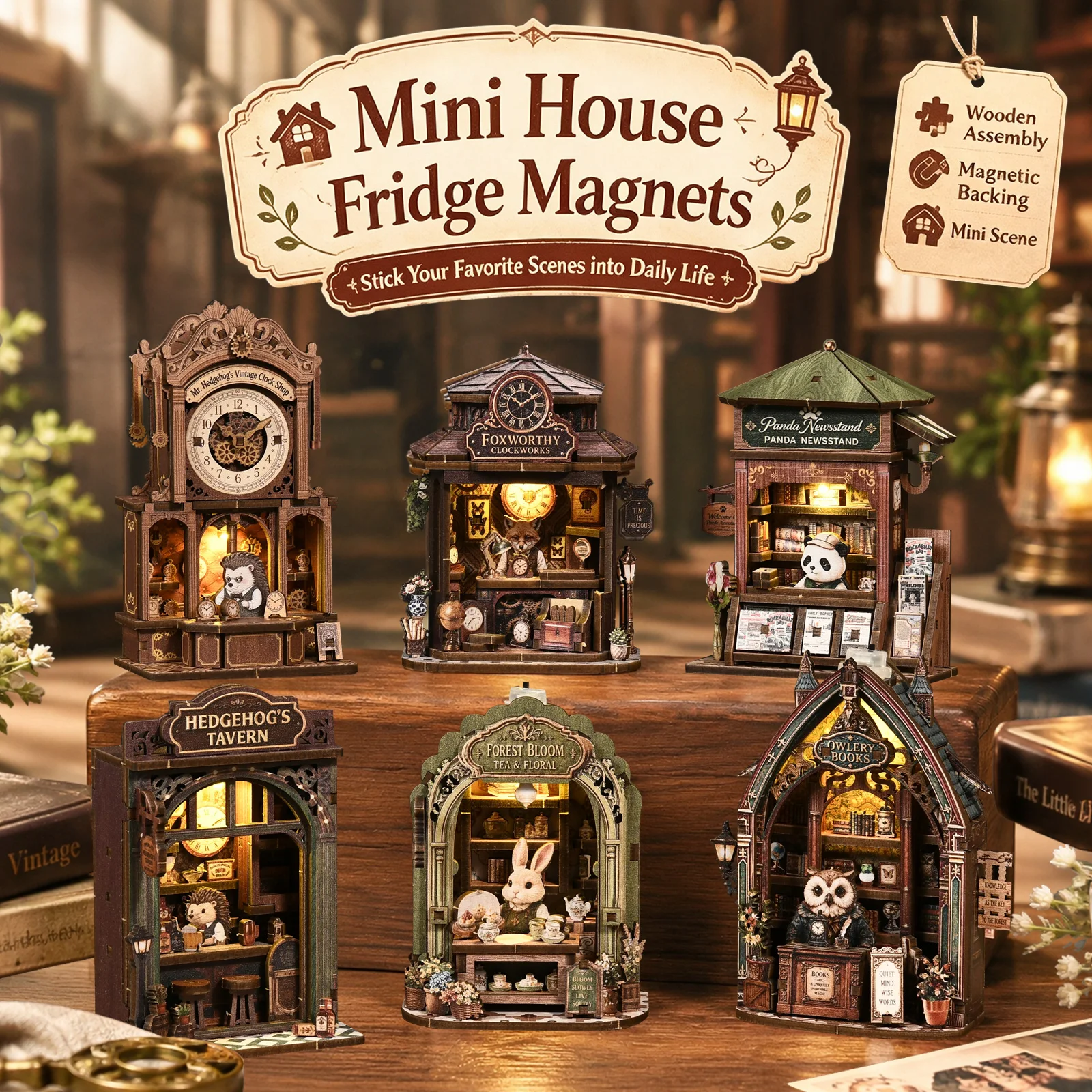 DIY Wooden Fridge Magnet Kit Figurines Miniatures Kits Coffee Bakery Flower Shop for Friends Birthday Gifts Home Decor Crafts
