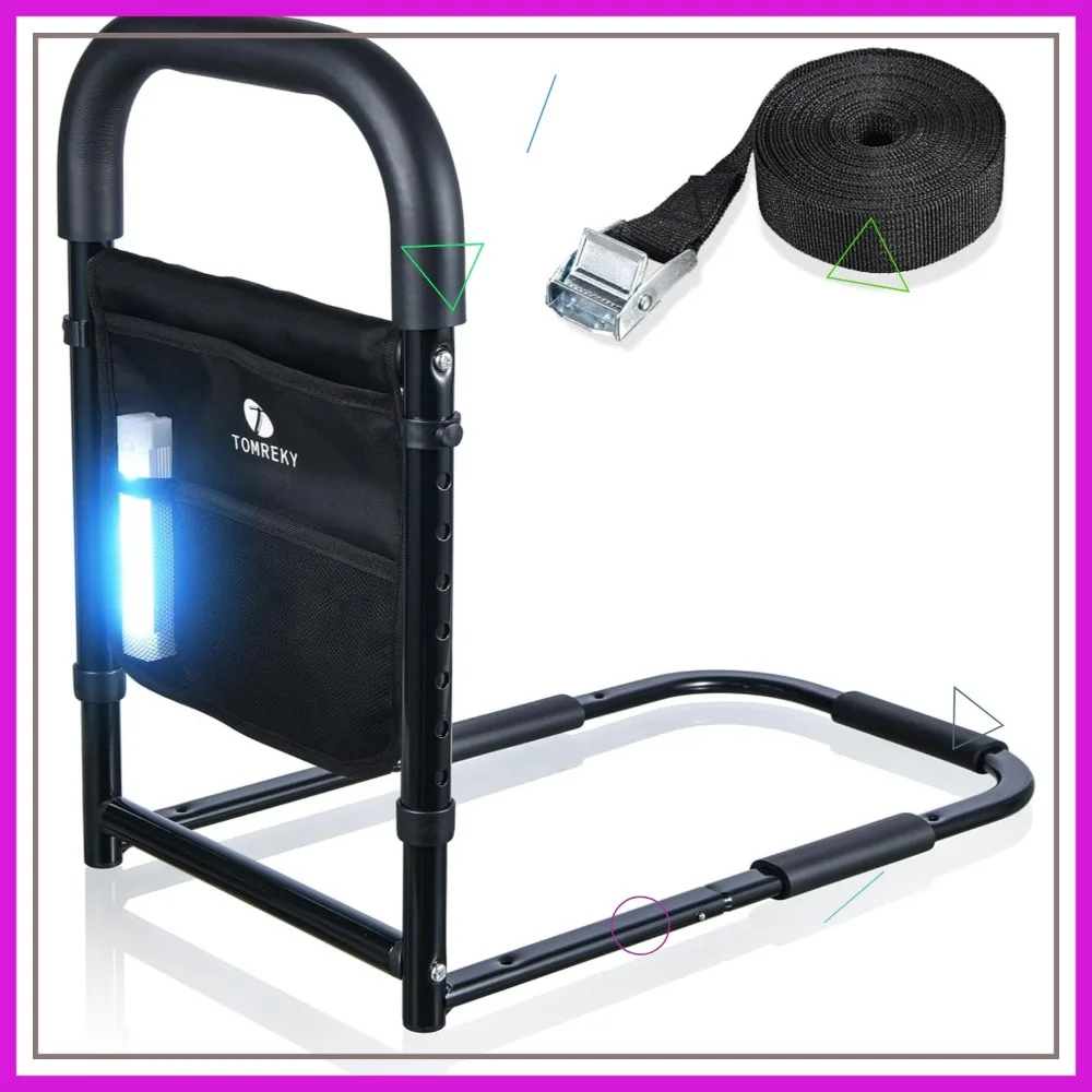 Elderly Bed Safety Rail with Motion Light & Storage Pockets, Adjustable Height, Tool-Free Installation, Supports 300lbs