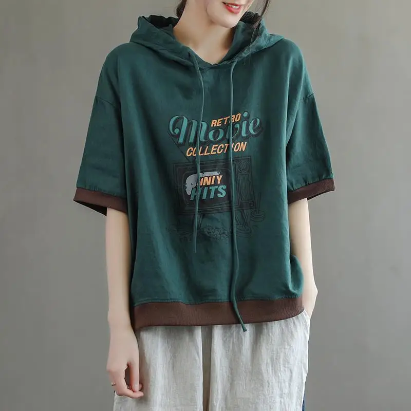 Women Summer Thin Loose Fashion Printing Cotton Short Sleeve Hooded T-Shirt Women Clothes Casual All-match Appear Thin Top Tee