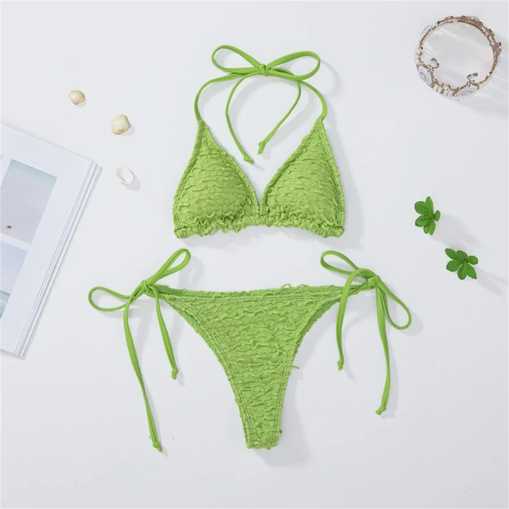 Micro String Extreme Bikini Green Y2K Jacquard Backless Swimsuit Triangle Swimwear Women Beach Outfits Bathing Suit Tangas Mujer