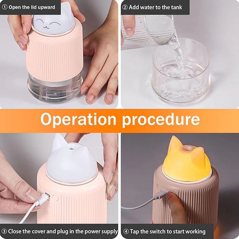 مرطب صغير-مرطب رذاذ على شكل قطة لطيف لغرفة نوم الأطفال مرطب بالموجات فوق الصوتية الصغيرة للمنزل والمكتب والسيارة مع ألوان LED USB