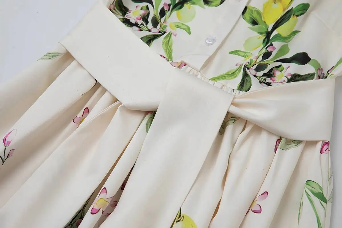 ฤดูร้อน Leaf พิมพ์เสื้อผู้หญิงวินเทจสูงเอวแขนสั้น A-Line ชุดราตรีชุดสุภาพสตรีชุดลําลองยาว Robe