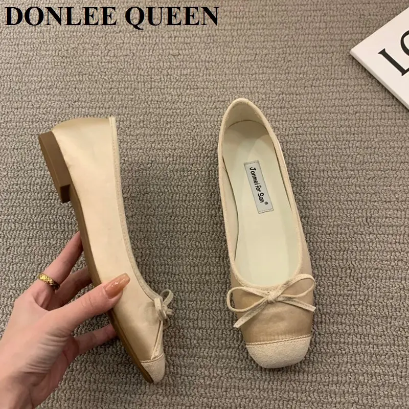 New Elegant Ballet Shoes Women Classic Square Toe Bow Tie Ballerinas Flats Ladies Loafers Comfortable Flat Shoes Female Moccasin