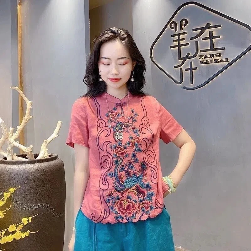 Retro Embroidery Cotton Linen Chinese Traditional Women\'s  Vest Chinese Style Pullover Ladies Summer Exquisite Stand Collar Top