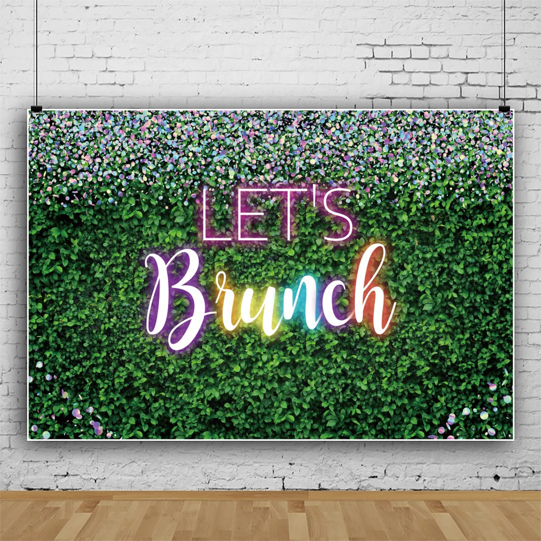 Laeacco Let's Brunch Backdrop Digital Neon Greenery Pink Rainbow Bridal Shower Wedding Party Portrait Photography Background