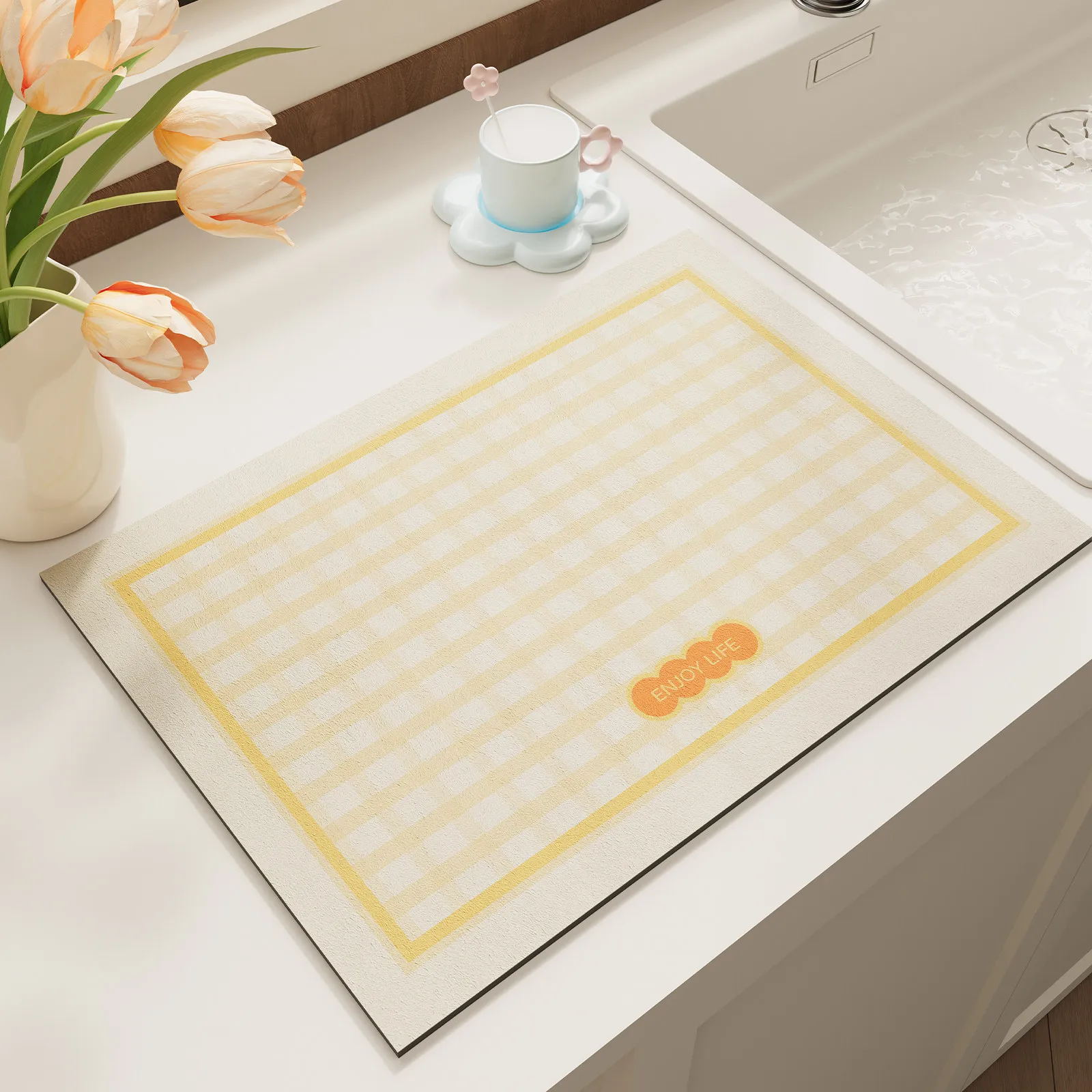 VIKAMA Cute Pink Heart Wave Edge Drying Mat Light Blue Quick Dry Non Slip Dish Pad For Kitchen Sink Cup Tableware Kitchen Mat
