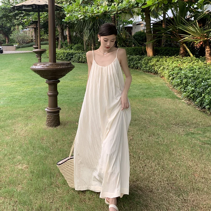 Sanya Seaside Bana Vacation Beach Skirt Travel Wear Open Collarbone Loose Backless Long Sling Dress Women