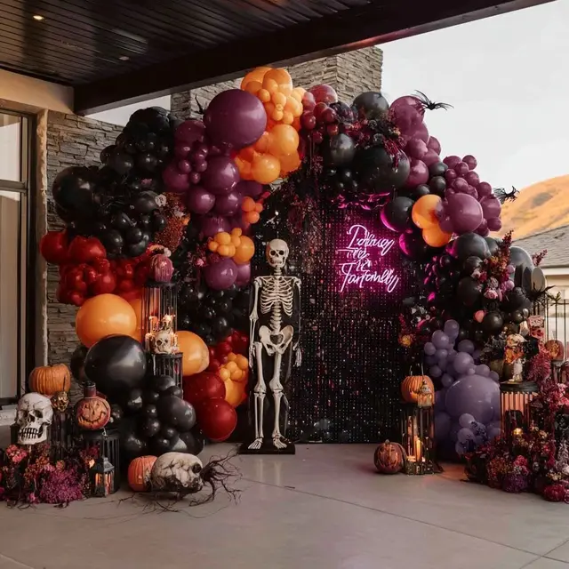 Halloween Balloon Arch Double Stuffed Black Purple Orange Balloons Burgundy Red Dark Mauve Plum Balloon Garland for Birthday Festival Baby Shower Indoor Outdoor Halloween Party Decorations 6
