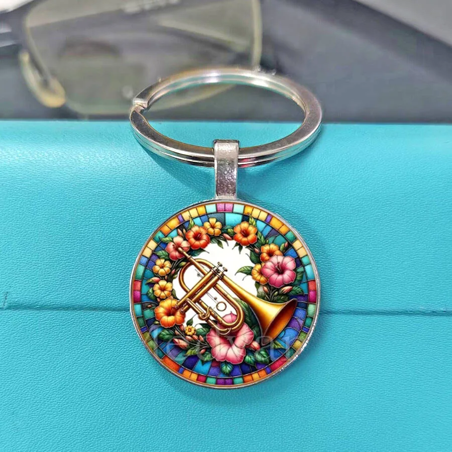 Vibrant Musical Pattern Glass Keychains Piano Guitar Drum Style Key Chain Ideal Gift For Music Teacher & Musician
