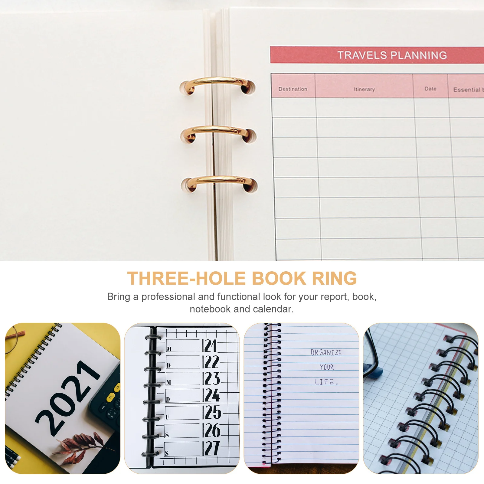 

6pcs Metal Ring Clips Alloy Book Binder Supplies Three-Hole Paper Organizers For Diy Notepad Scrapbook Portable Golden