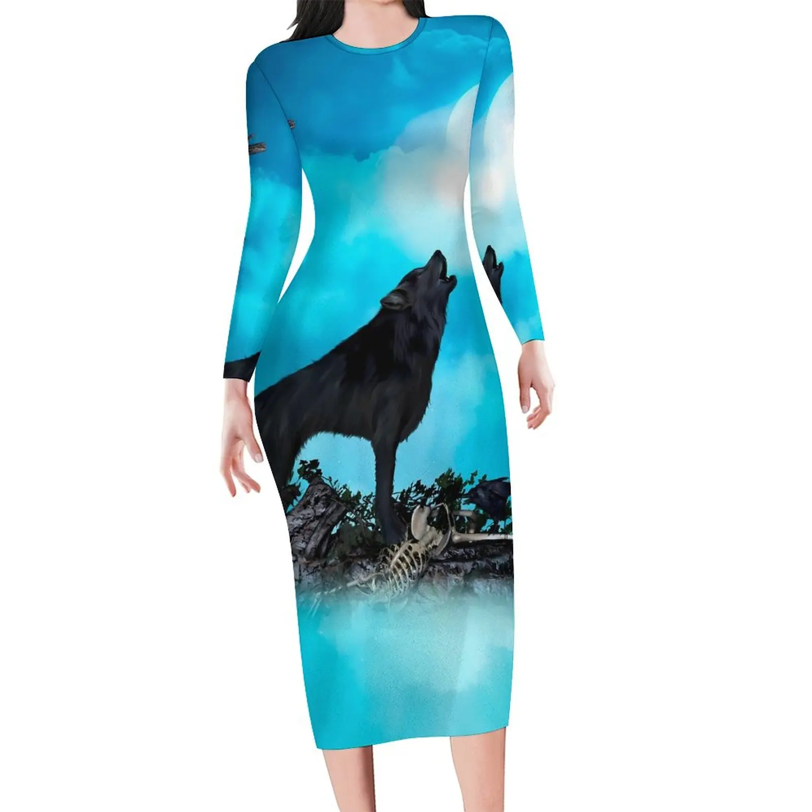 

Awesome Wolf Bodycon Dress Autumn Moon Print Club Dresses Female Long Sleeve Graphic Street Wear Dress Big Size