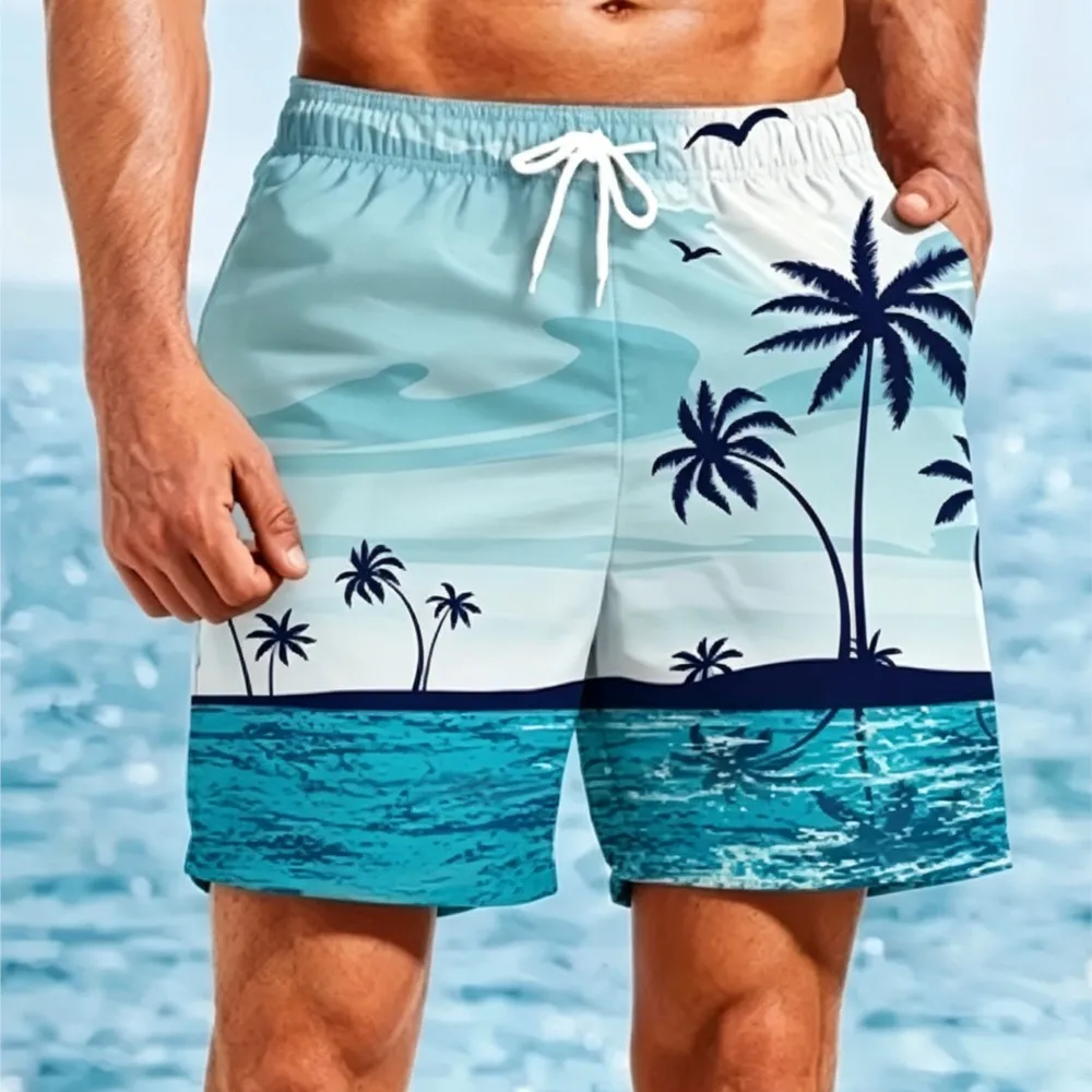 Men's Quick Dry Swim Trunks Summer Beach Shorts Palm Tree Print Board Shorts Elastic Waist Drawstring Surfing Bathing Suits with