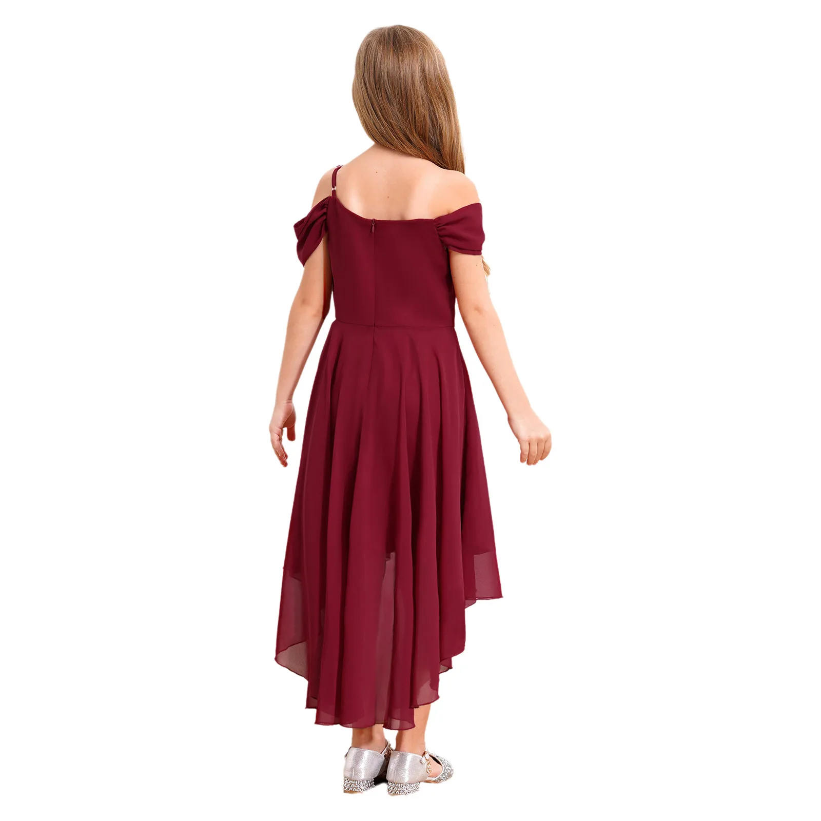 Meisjes chiffon verjaardagsjurk off-shoulder ruches hoge taille onregelmatige zoom knielengte jurk met afneembare nepbloem